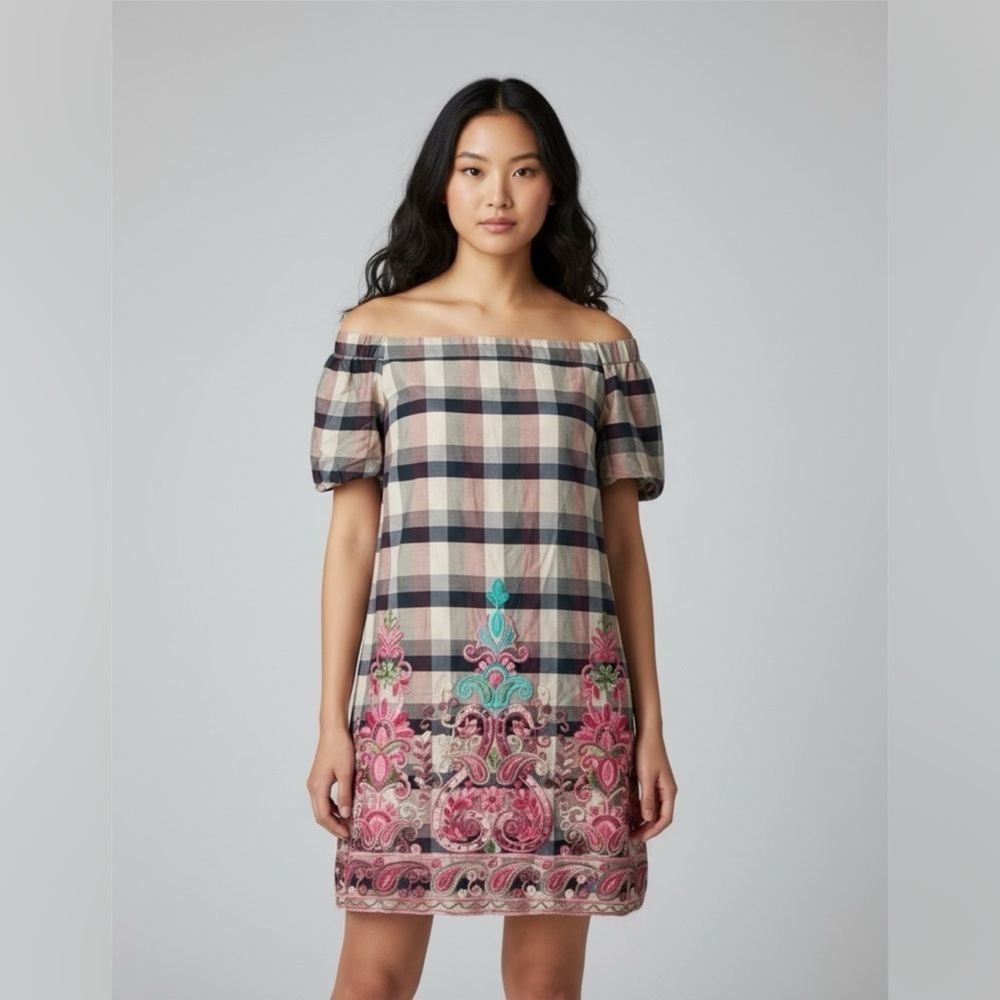 NEW English Factory Multi Plaid Over the Shoulder Mini Dress Embroidered Sz S
